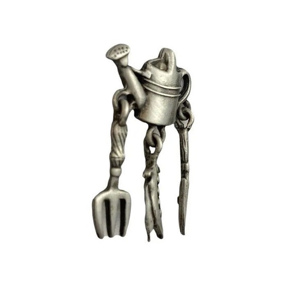 Vintage Signed JJ Pewter Watering Can Dangled Flower Brooch Pin Fork Shovel Corn - Picture 2 of 7